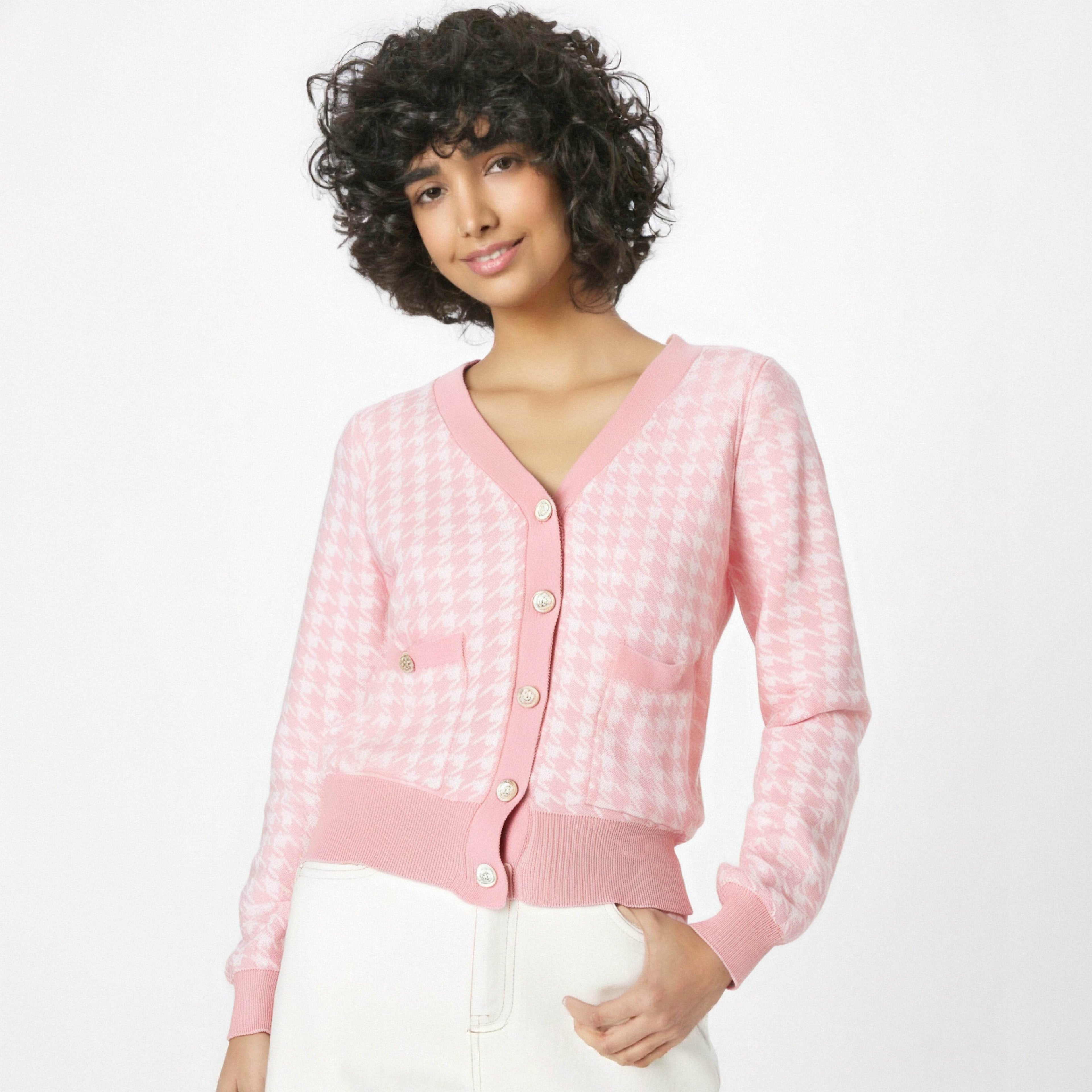 Houndstooth V-neck Sweater Cardigan Women Korean Vintage Elegant Fashion Knitwear Tops Long Sleeve Single-breasted - Christian's Haven