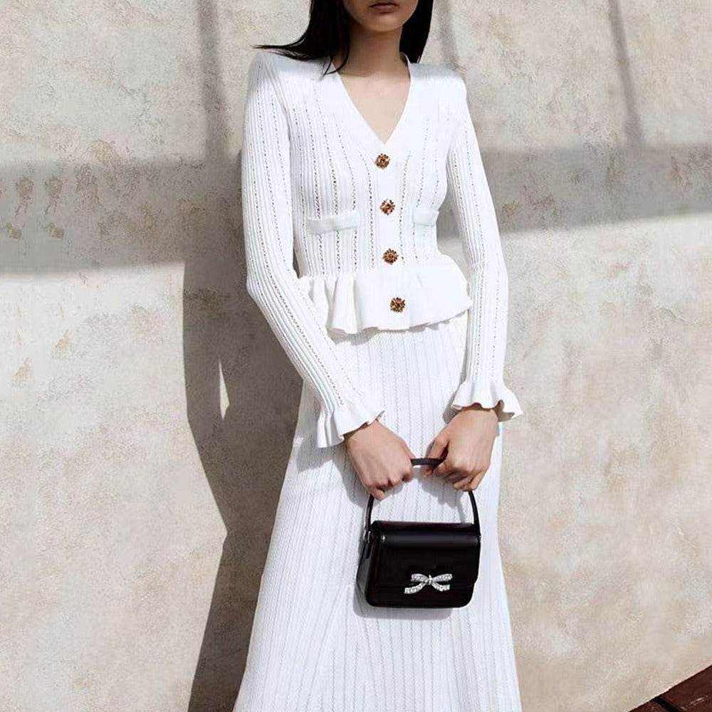 New waist cinched flared sleeve knitted top+fish tail wrapped hip half skirt two-piece skirt set - Christian's Haven