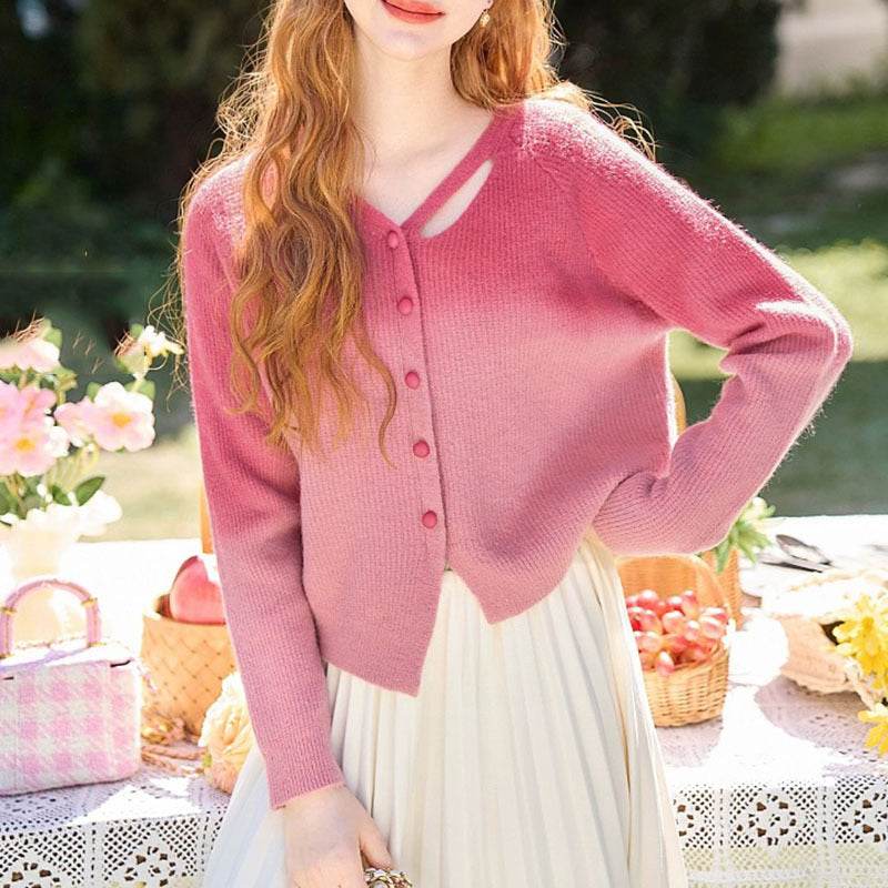 Gradient pink Sweet Outer Wear Sweater Knitted Sweater Women's 2024 Spring and Autumn Short Western Unique Chic Top - Christian's Haven